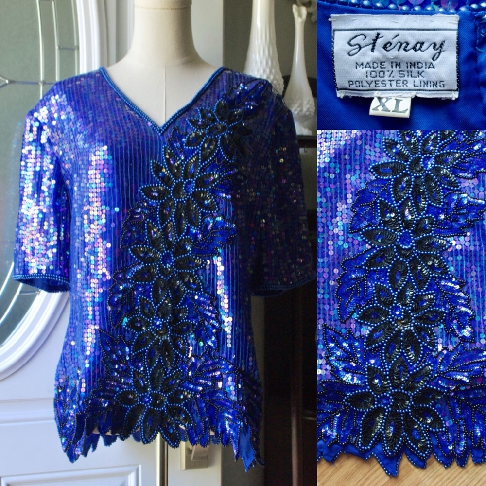 1980’s Sténay 100% Silk Royal Blue Iridescent Sequin Top
